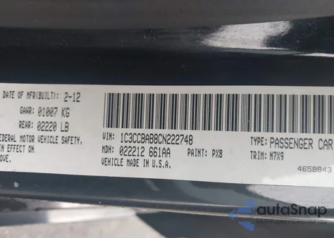 2012 Chrysler 200 Lx из США, поврежденный, VIN 1C3CCBAB8CN222748